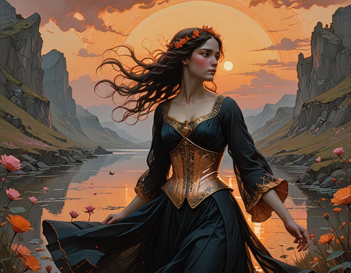 Ethereal Goddess with Dark Wings and Velvet Robes in Sunset ...