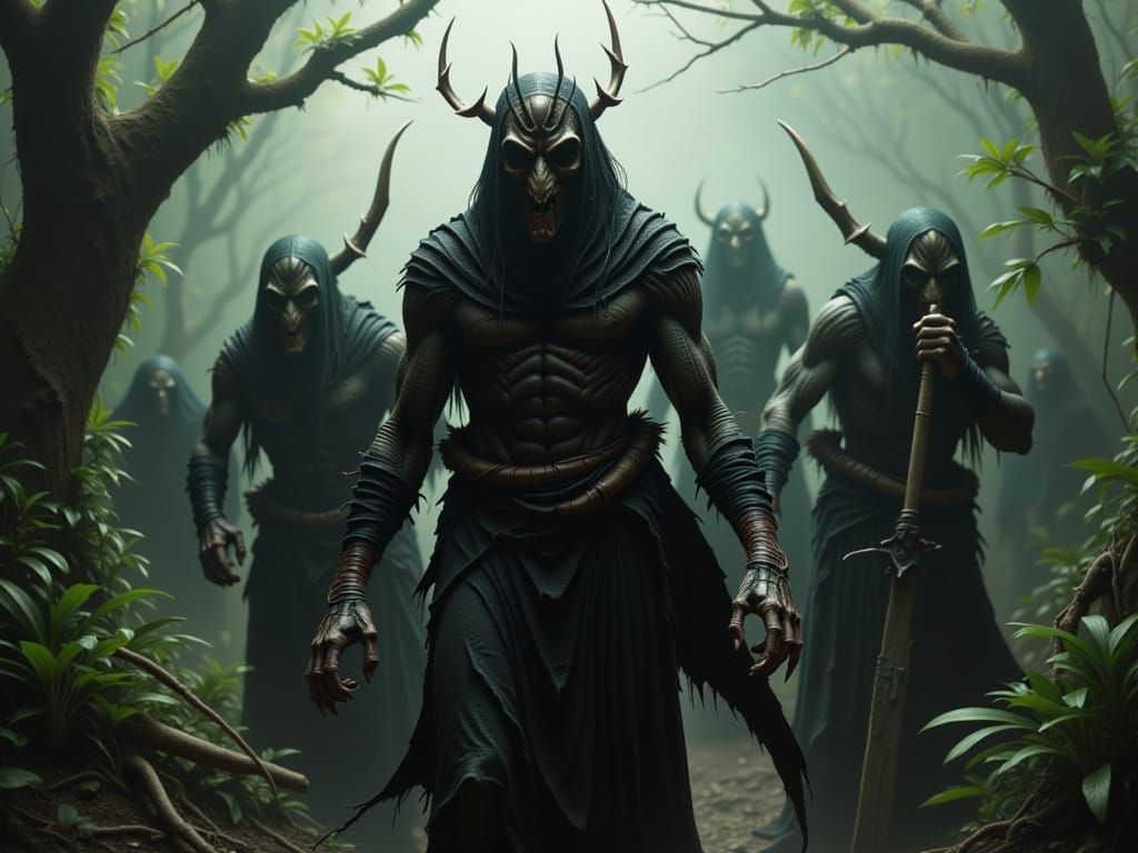 Menacing Alien Tribe in Gritty, Ominous Jungle