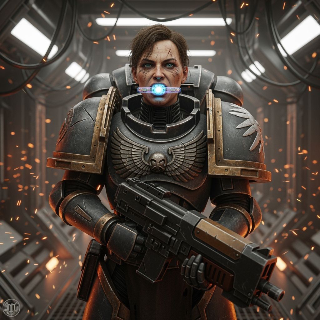 Female Space Marine Guarding Spaceship in Gritty Sci-Fi Styl...