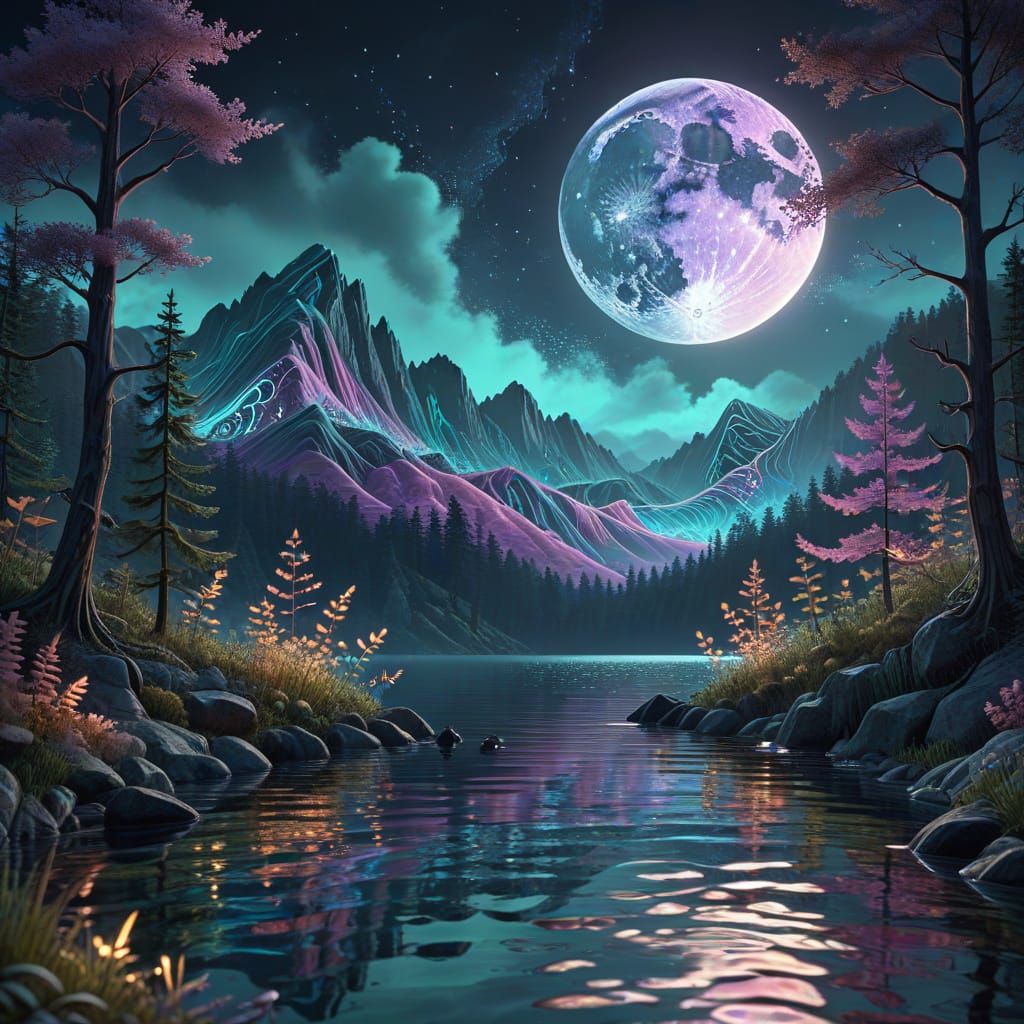 Moonlit Forest Landscape in Abstract Vector Style