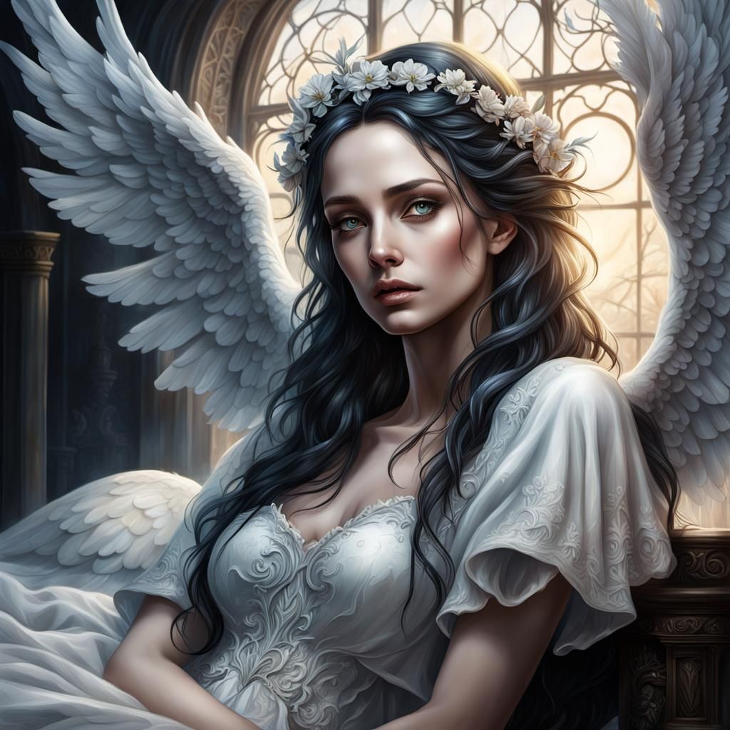 Fallen Angel Awaits Her Lover in Gothic Bed