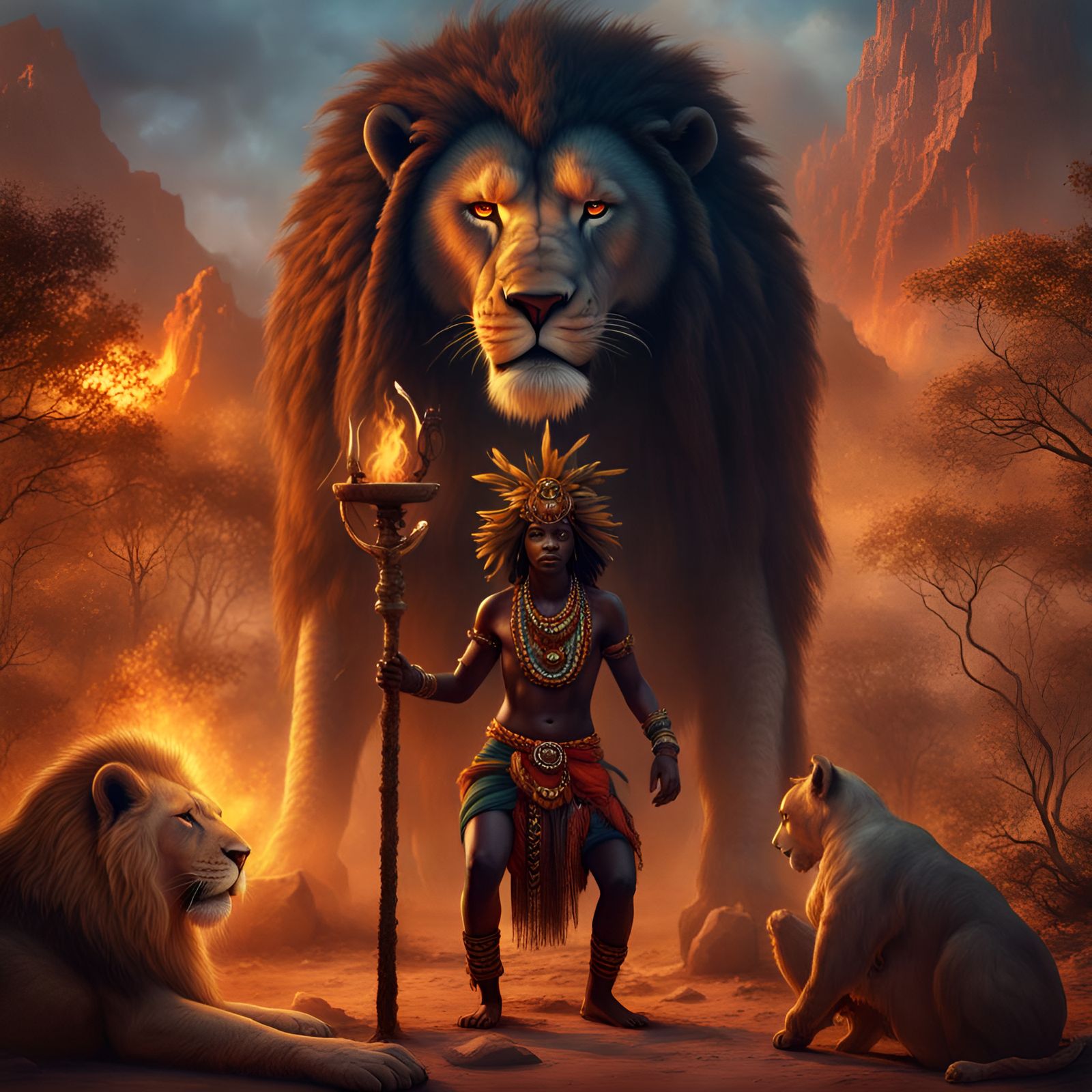African Shaman Summons Lion Spirit from Fire
