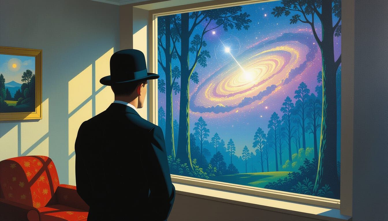 Man Gazes from Cosmic Living Room to Surreal Belgian Forest