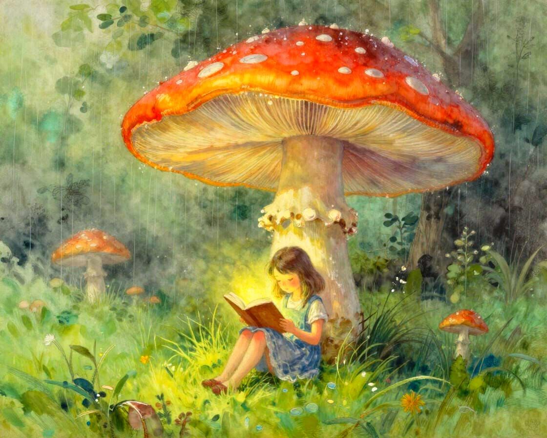 Girl Reading Under Mushroom in Spring Rain Watercolor-Gouach...