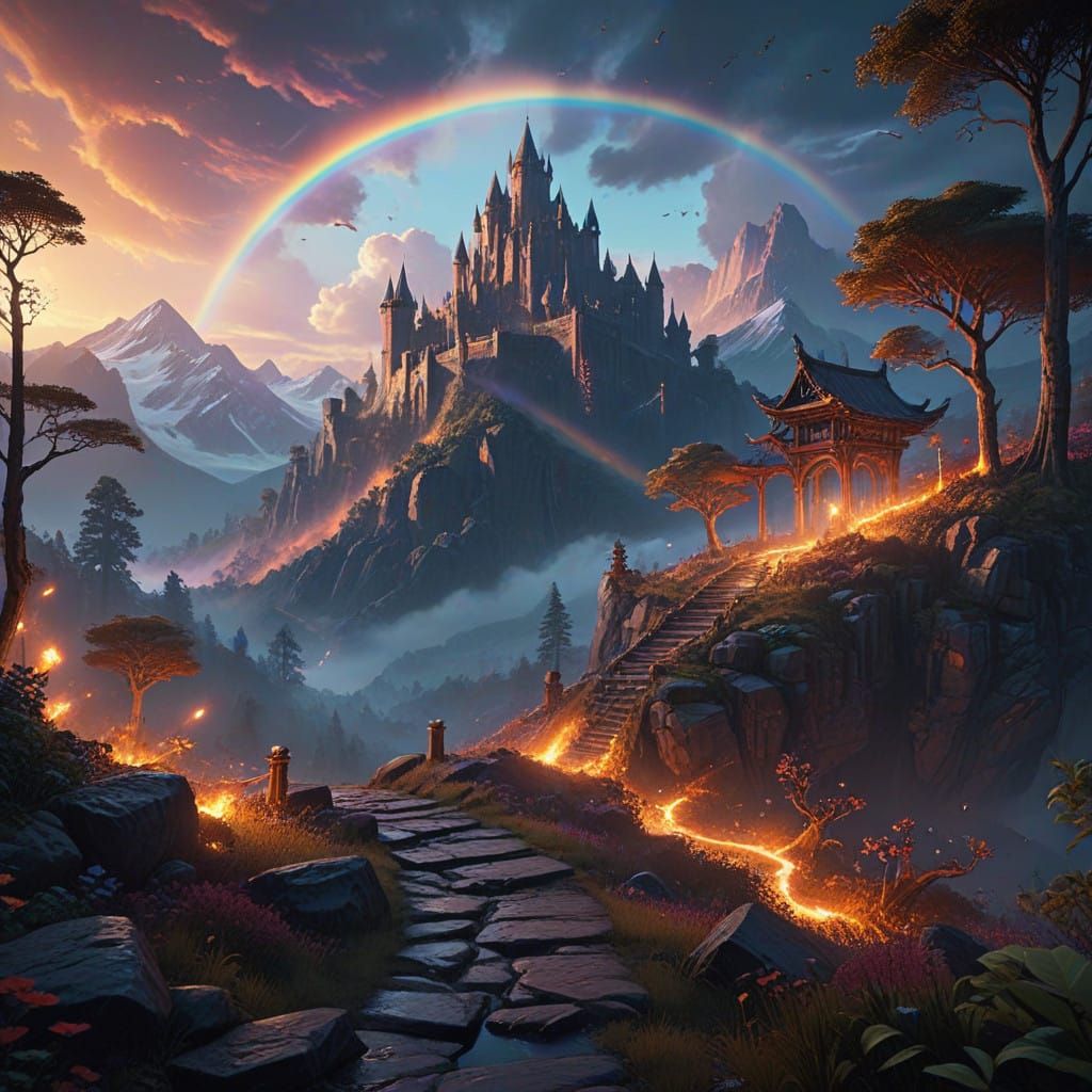 Dreamlike Dawn with Vibrant Rainbow