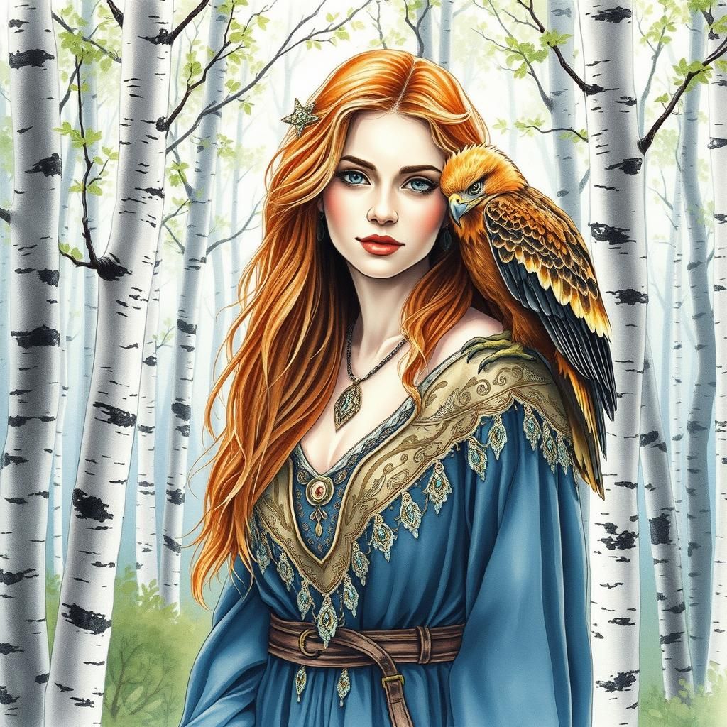 Druid Priestess with Golden Eagle in Forest