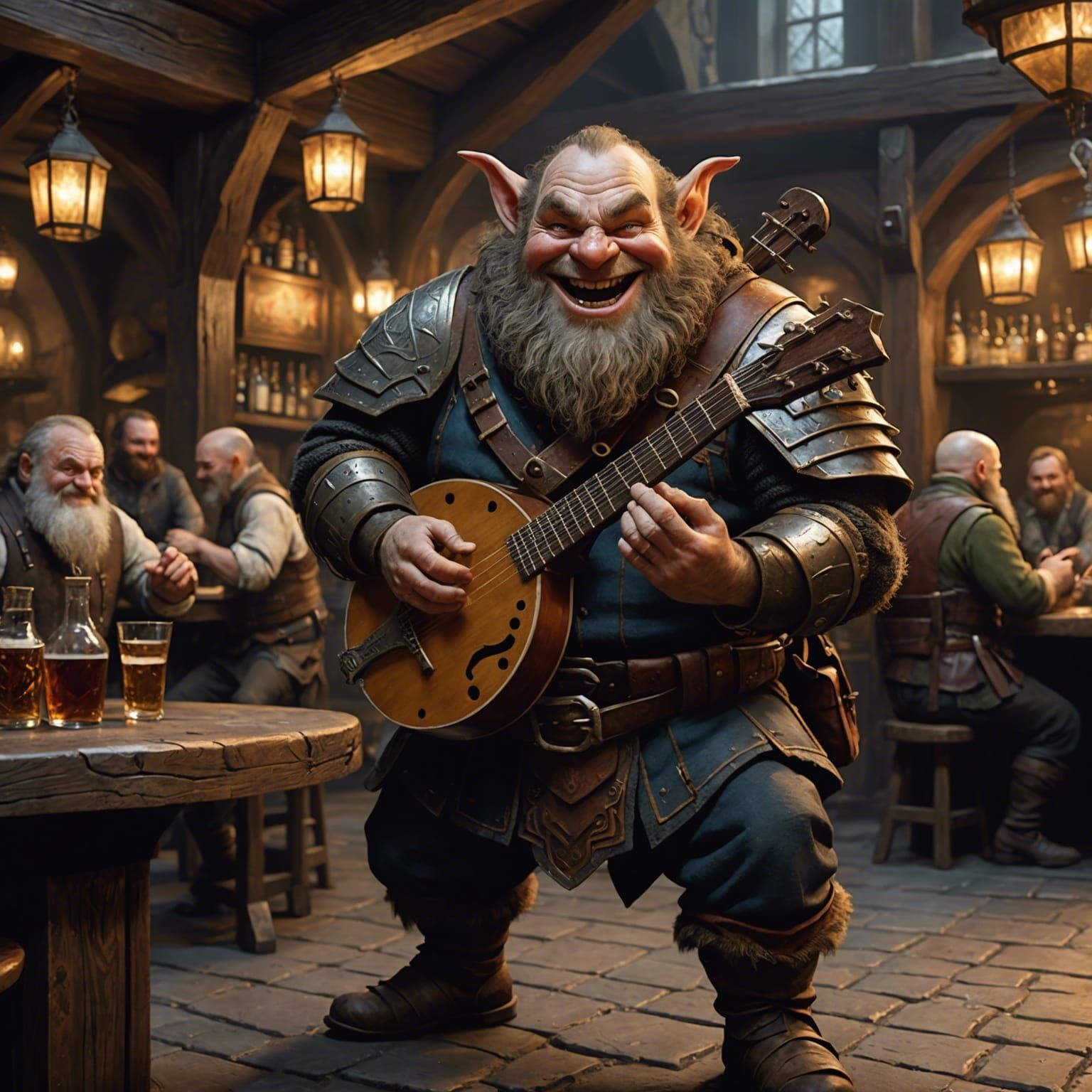 Dwarf Musician in a Fantasy Tavern, Digital Art