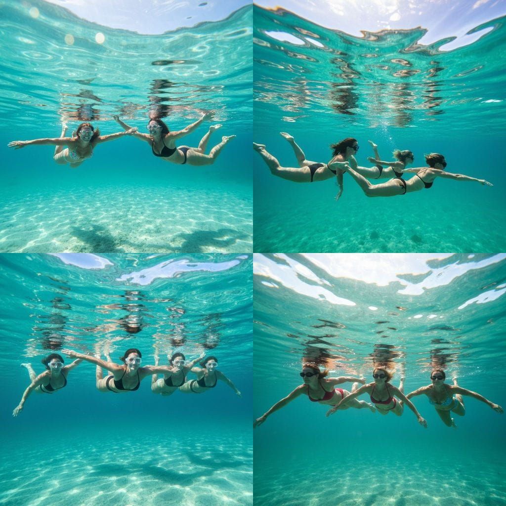 Ageless Women Swim Underwater in Ocean Depths
