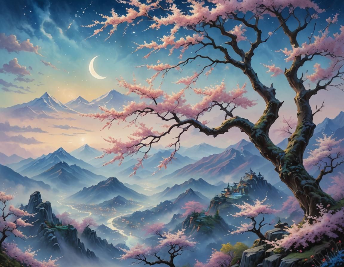 Ethereal Moonlit Sakura Tree in Pastel Landscape