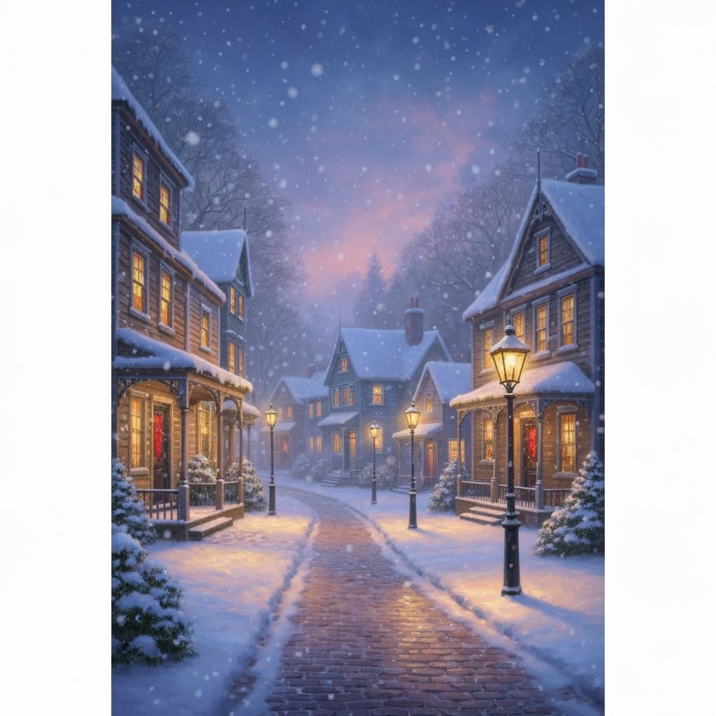 Charming Victorian Village in Snow at Dusk