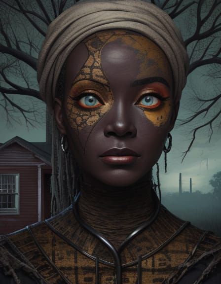 Vintage Horror Poster: African American Woman and Haunted Ho...