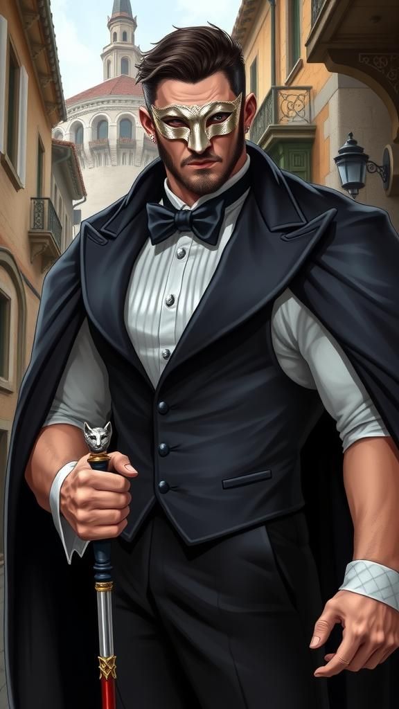 Brawny Man in Tuxedo with Volto Mask, Fantasy Illustration