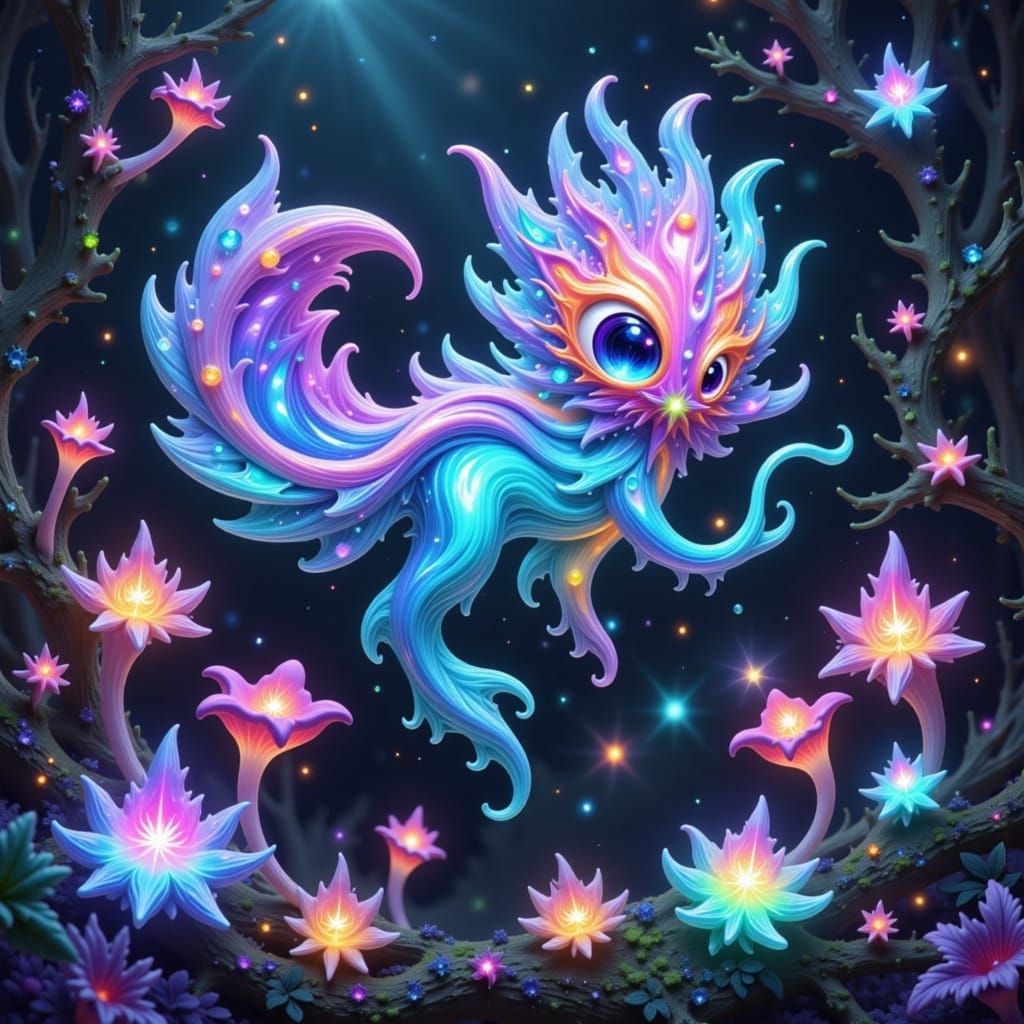 Bioluminescent Creature with Holographic Scales in Alien For...