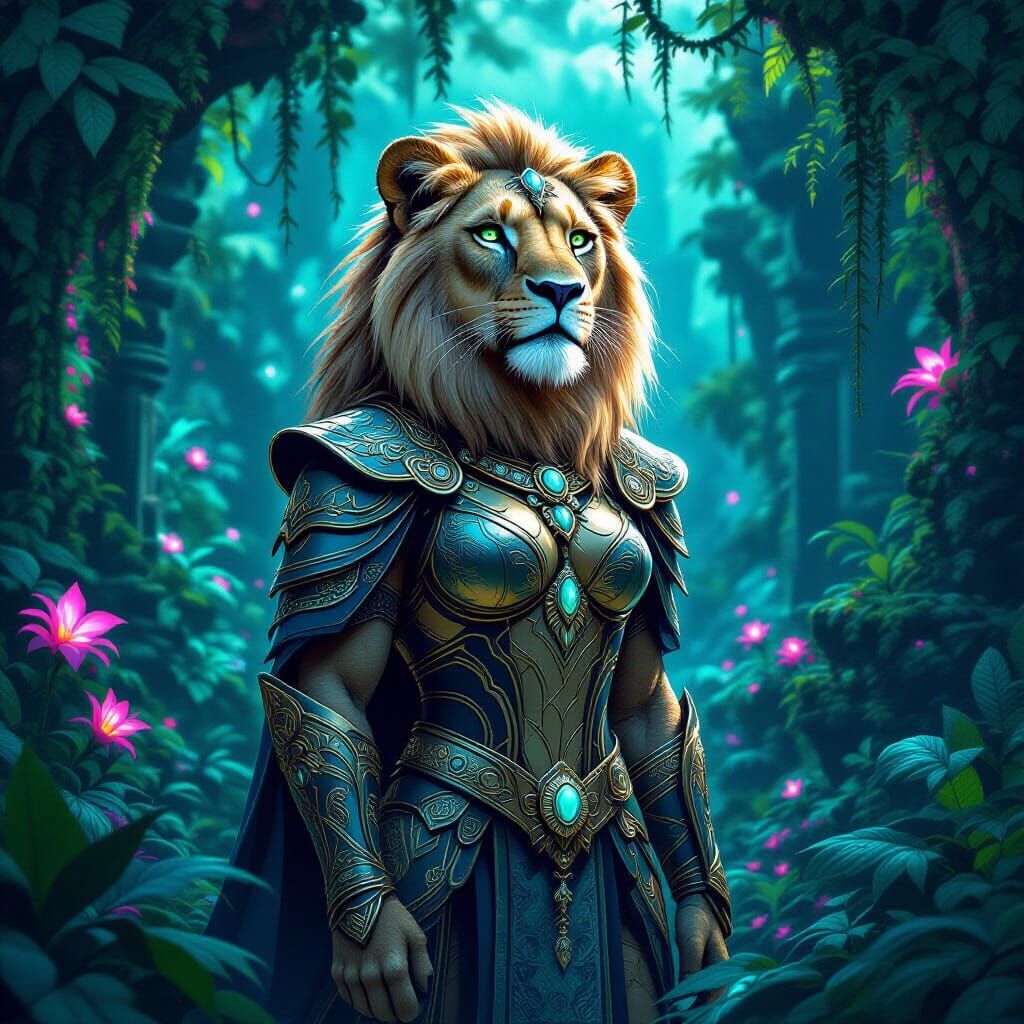 Armored Lioness Guarding Bioluminescent Jungle as Digital Ar...