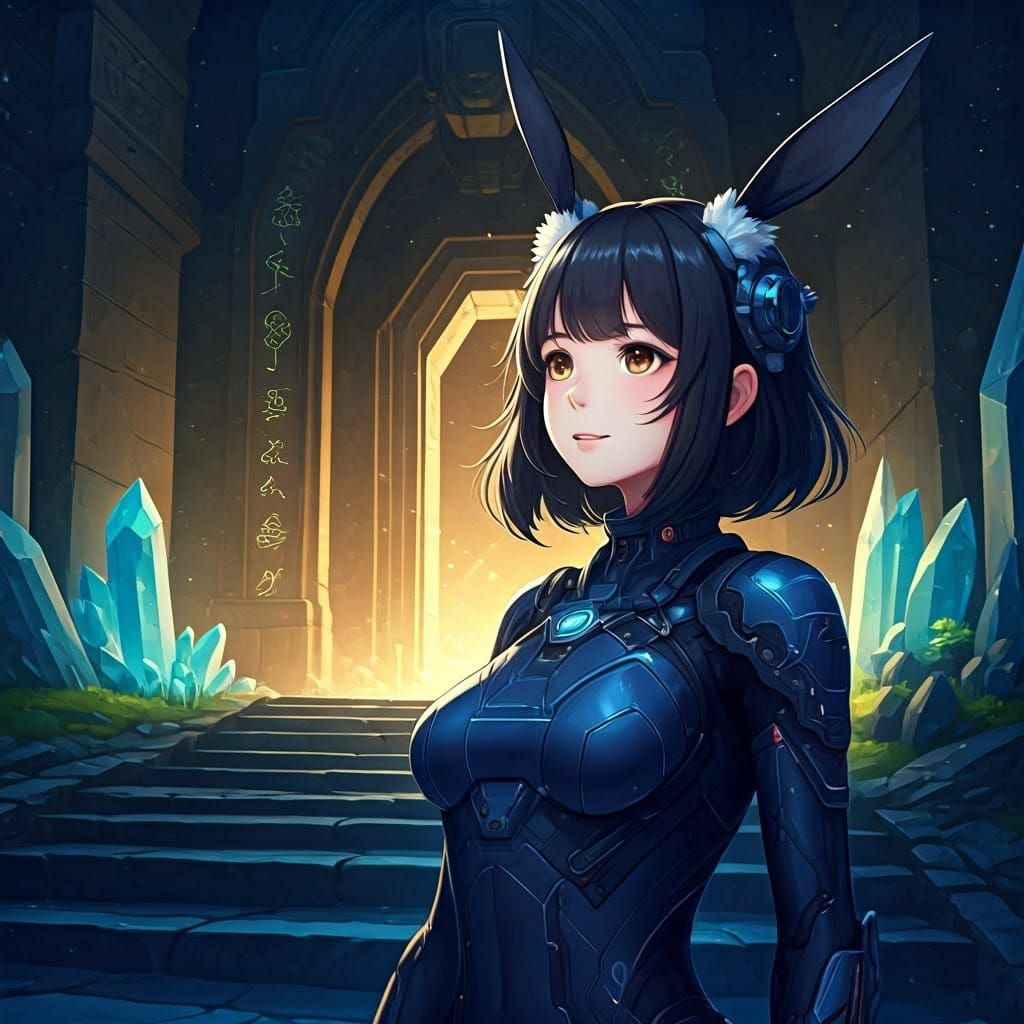 Cyberpunk Goddess Stands Before Ancient Temple