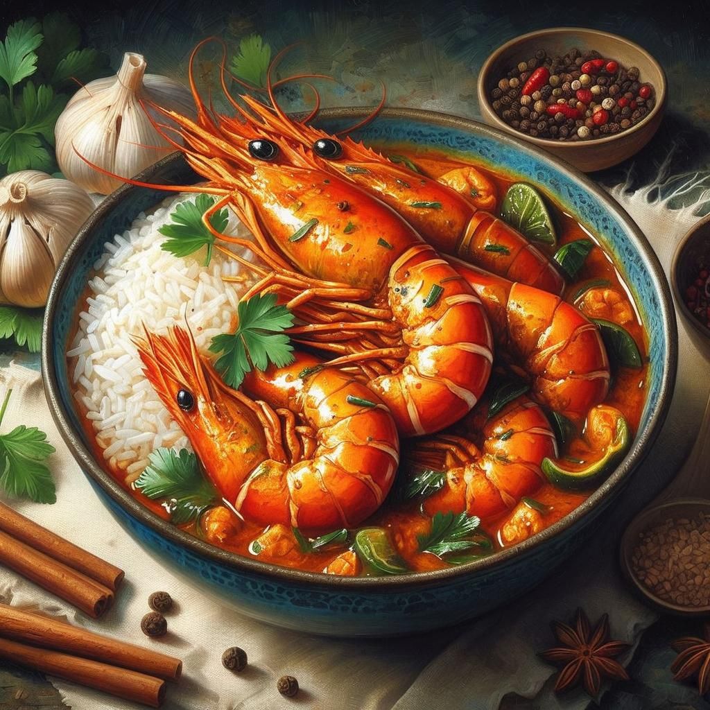 Detailed Oil Painting of King Prawn Curry