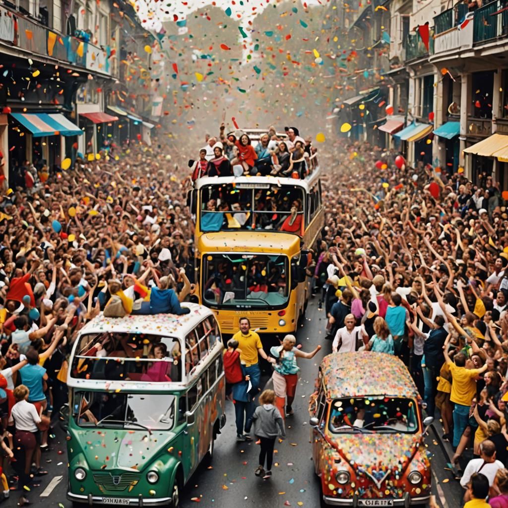 Combi Bus Carnival: People Celebrate with Confetti