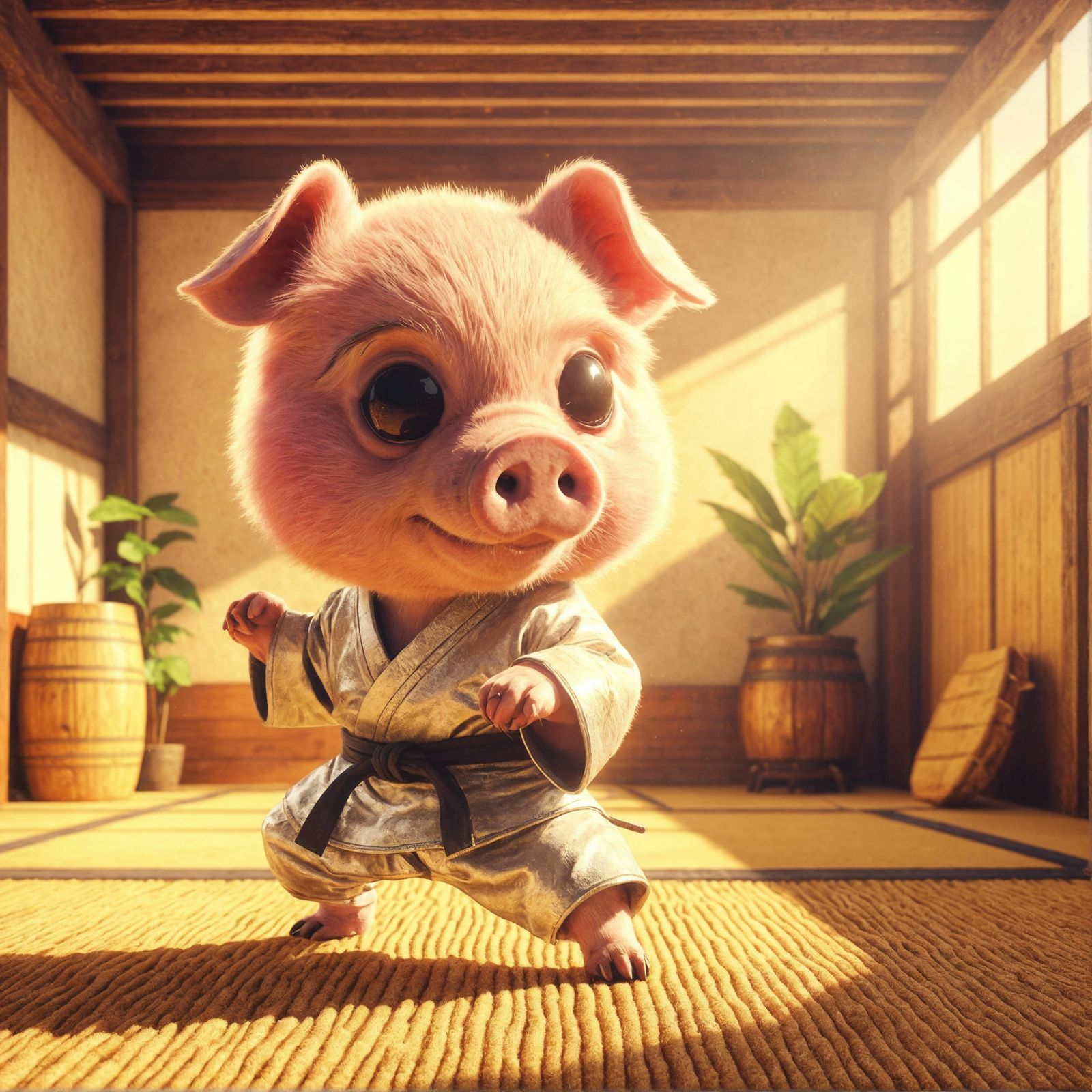 Ninja Pig in Sunny Dojo as Oil Painting