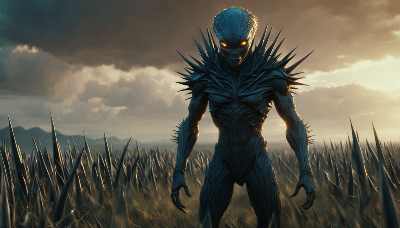 Alien in Glistening Spike Field: Hyper-Realistic Sci-Fi