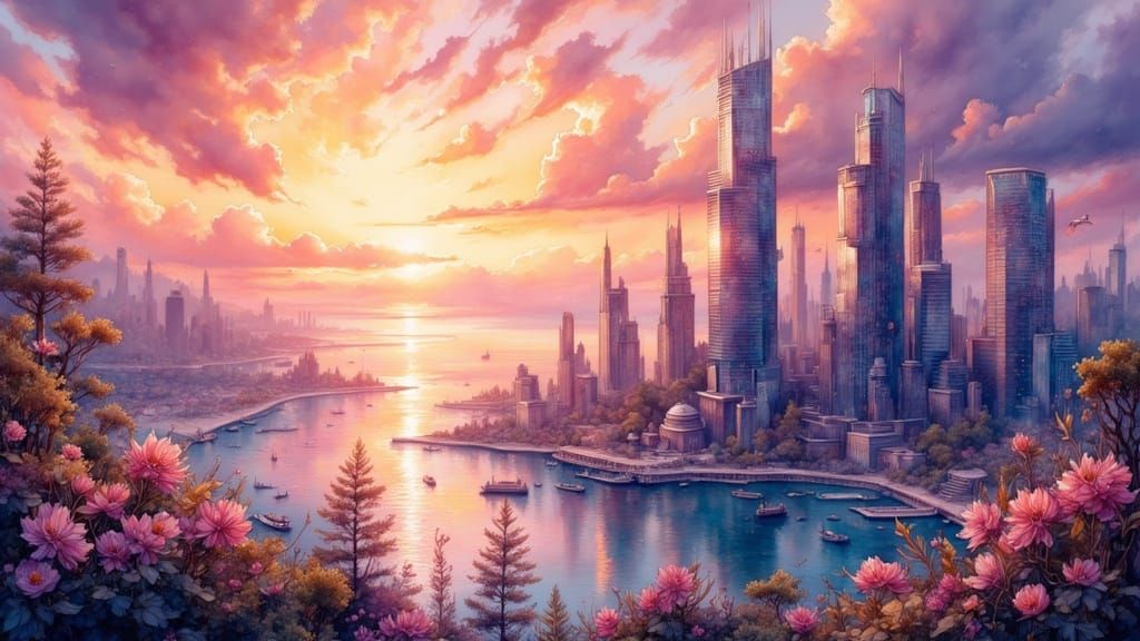 Sunset Cityscape in Vibrant Matte Painting Style