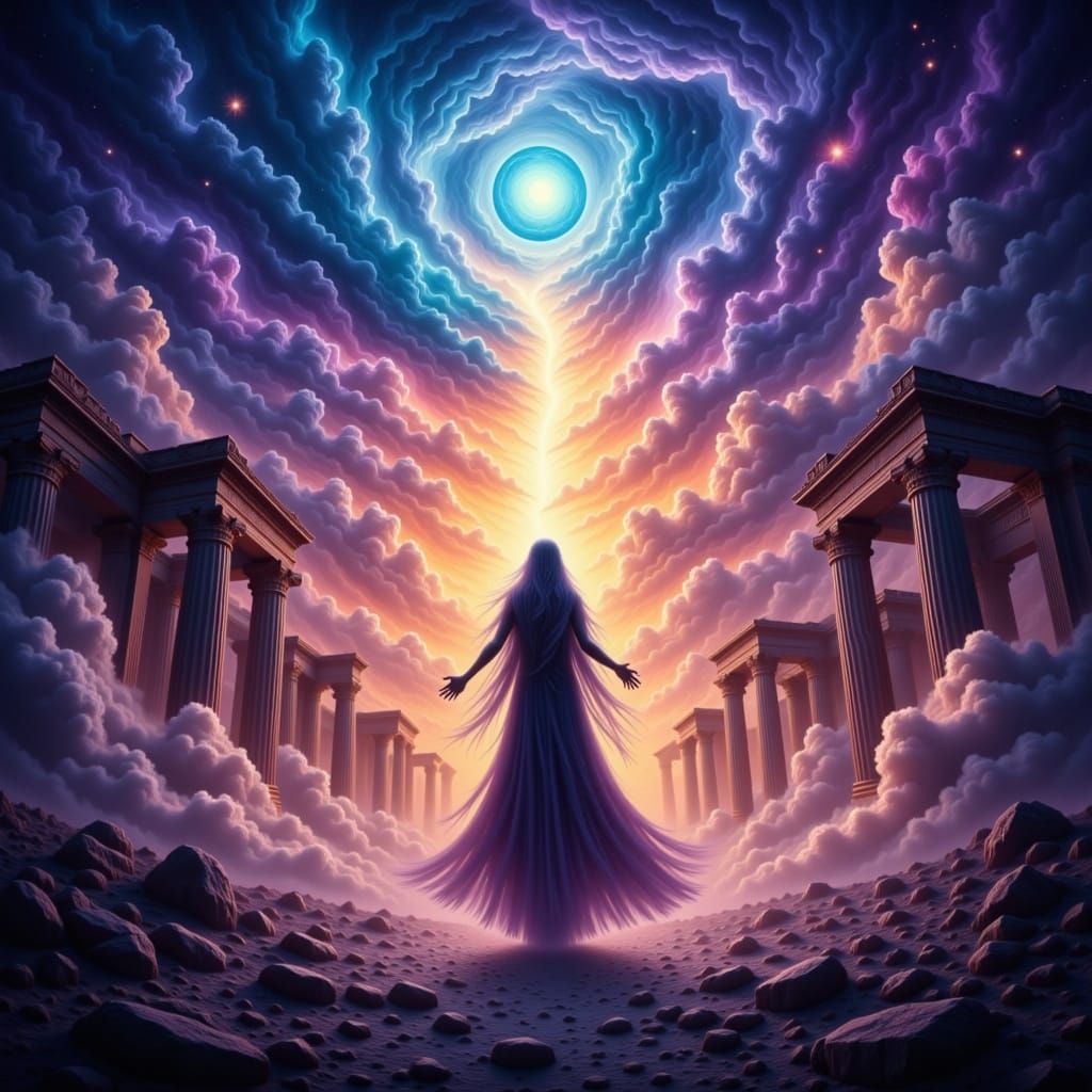 Cosmic Figure Reaches for Star in Neo-Baroque Style