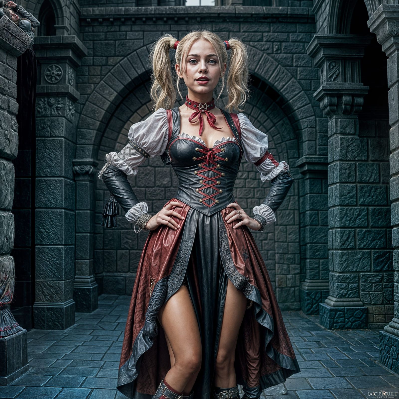 Hyperrealistic Harley Quinn in Medieval Castle Scene