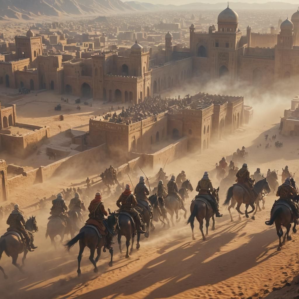 Muslim Soldiers Ride Through Ancient Desert City