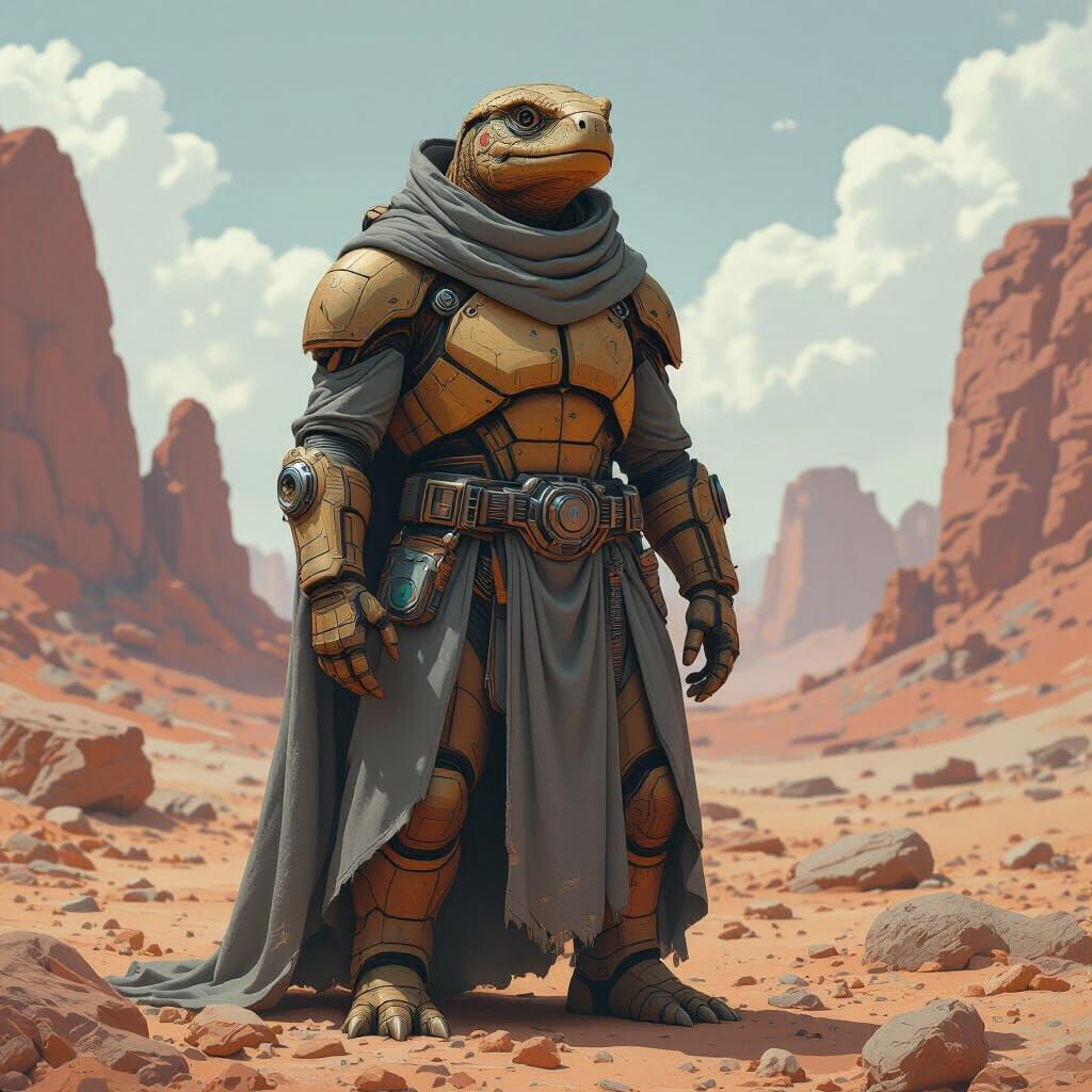 Tortoise Alien in Barren Landscape, Futuristic Realism