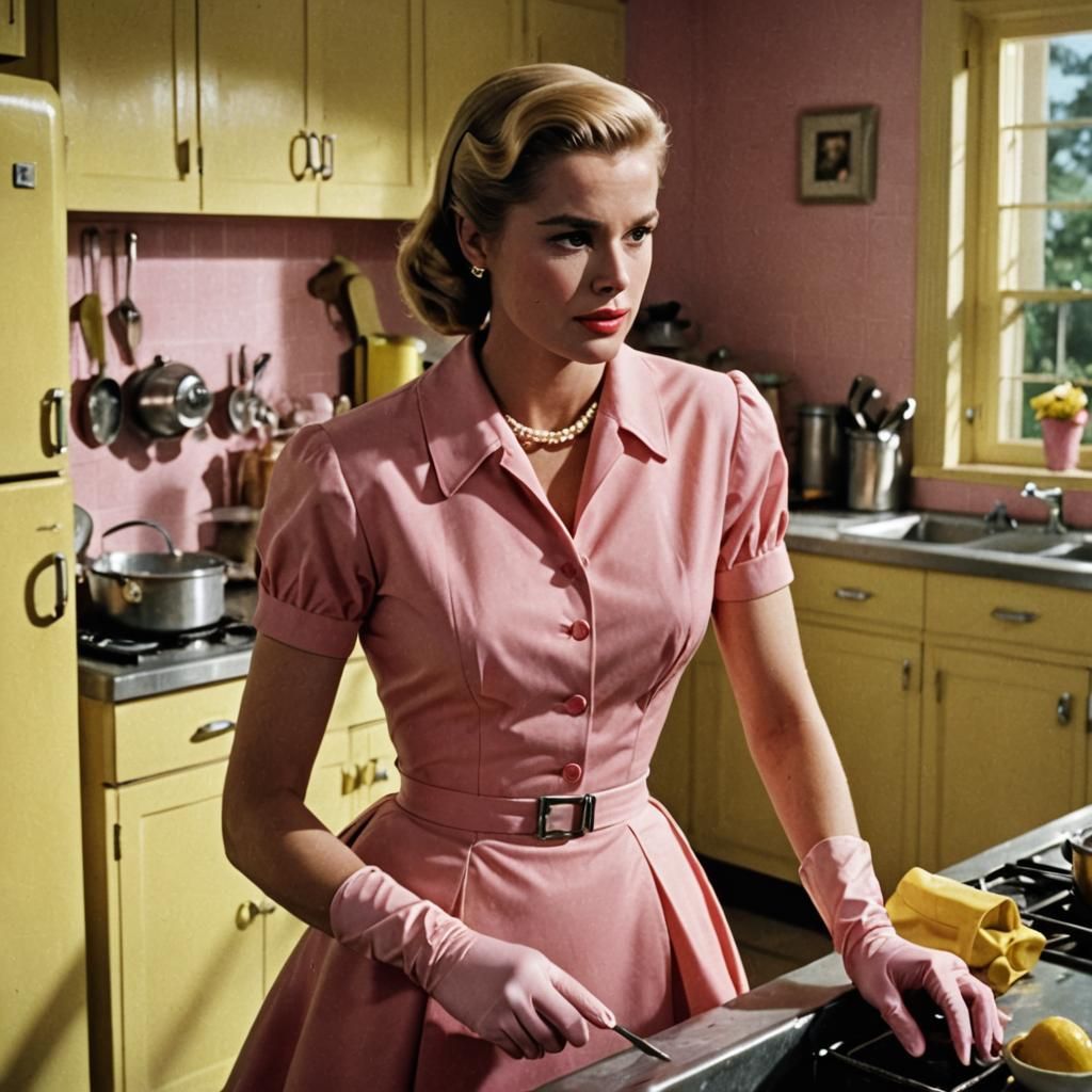 Vibrant 1950s Stepford Wife in Yellow Dress and Pink Rubber...