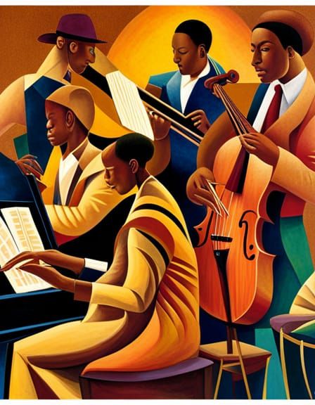 painting of a group of musicians playing music , by Keith Mallett, jazz quintet, 3 jazz musicians, virtuosic painting, j...
