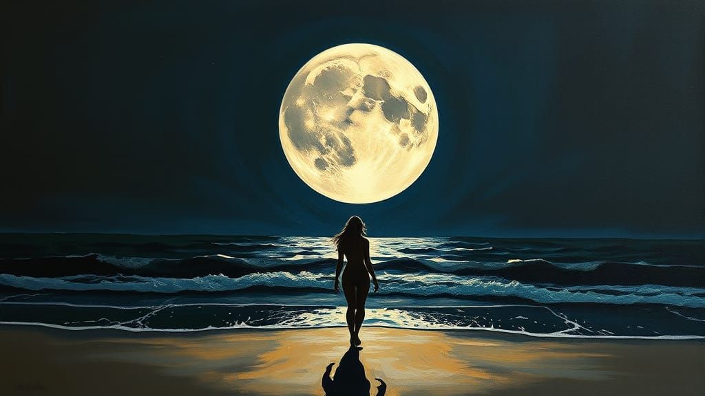 Woman and Moon: Impasto Oil Painting