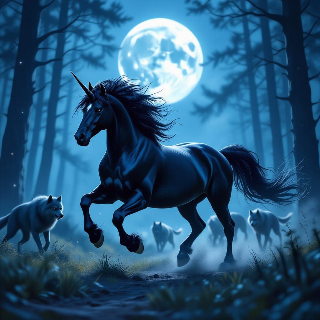 Majestic Unicorn Gallops Through Moonlit Forest Pursued by W...
