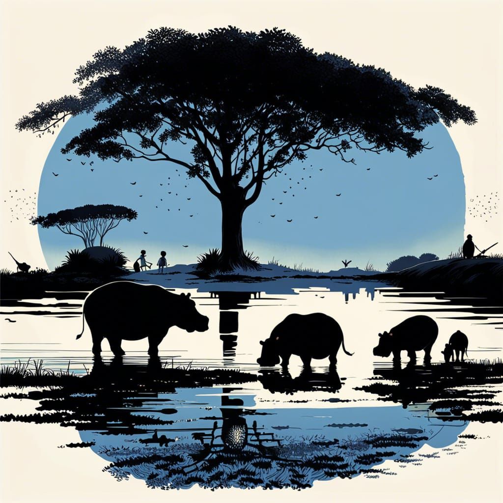 Hippos at Dusk: Intricate Pen and Ink Illustration