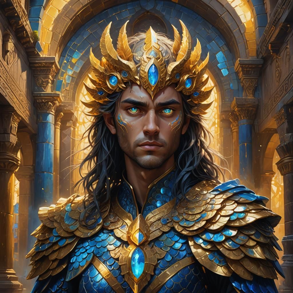 Blue Vedalken with Yellow Eyes: Fantasy Art Nouveau