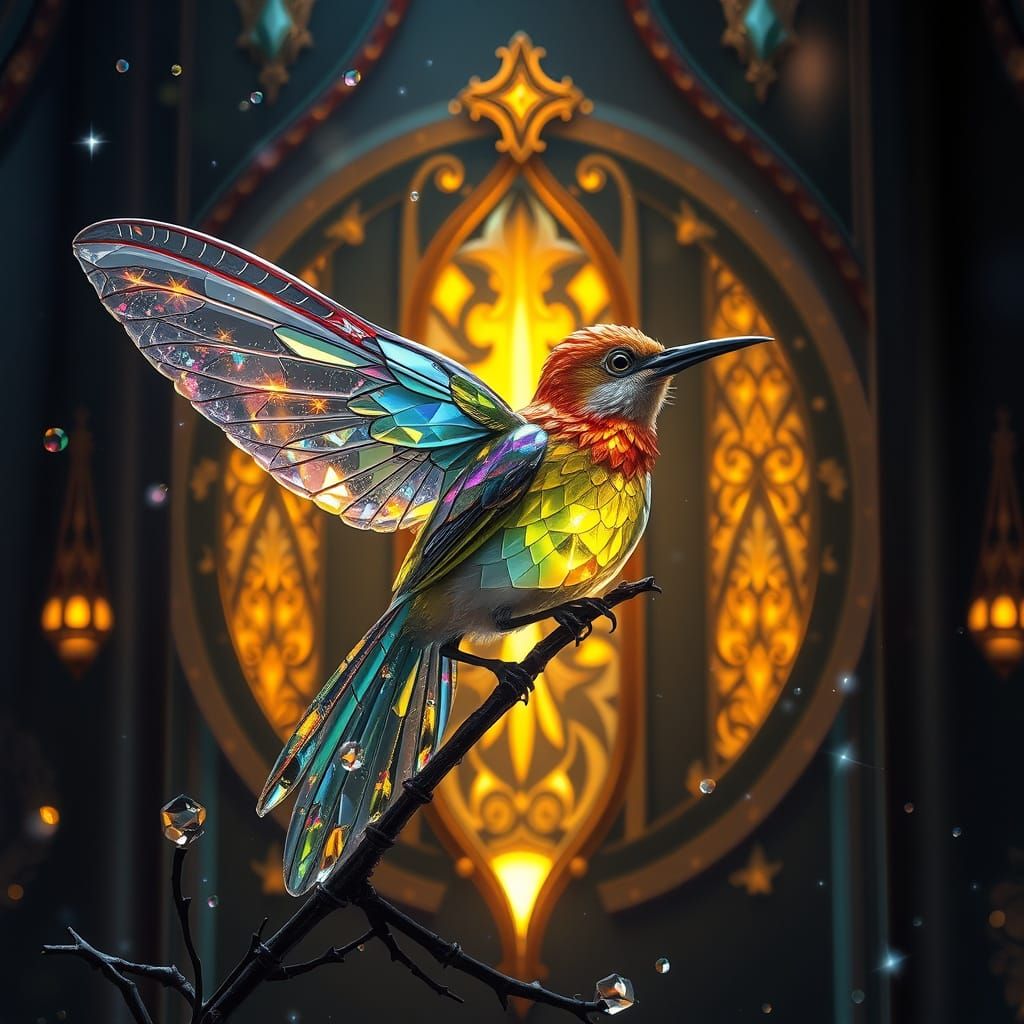Glass Hummingbird Diamond Refraction in Fantasy Castle