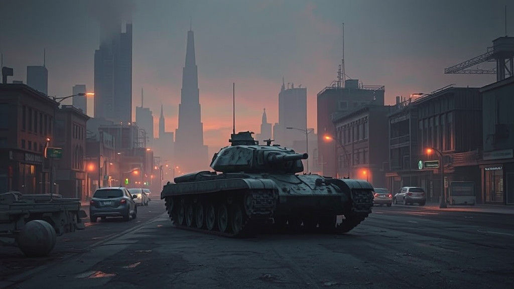 Abandoned Cityscape: Lone Tank in Dystopian Future