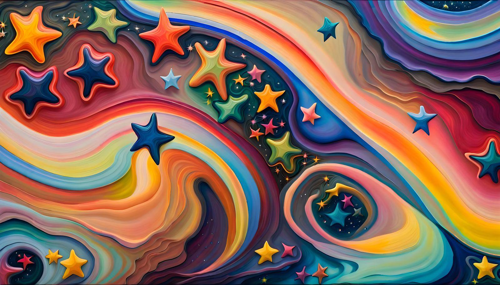 Iridescent Stars in Aboriginal-Style Impasto Oil Painting