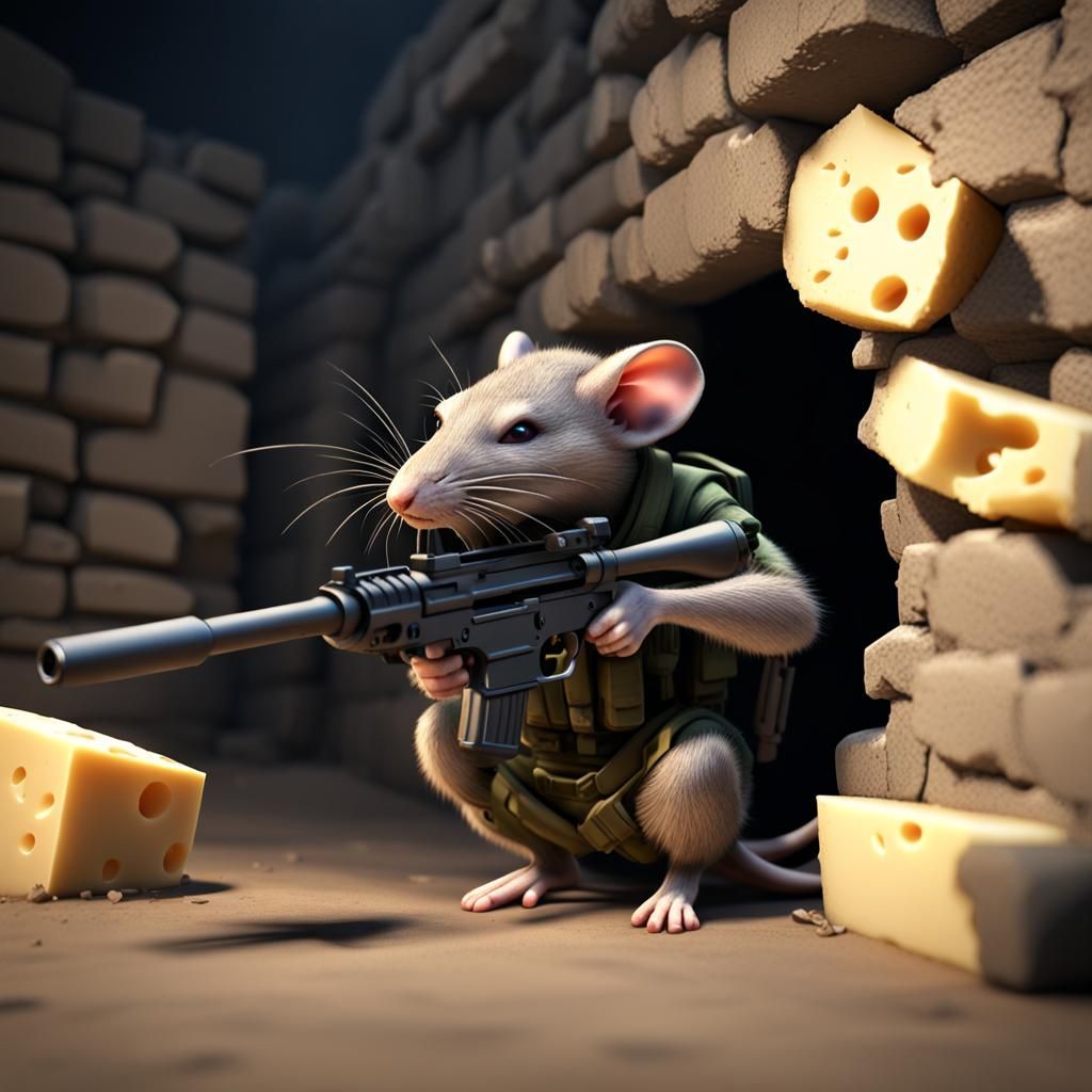 SAS Sniper Rat in Cheese Barricade, 3D Render