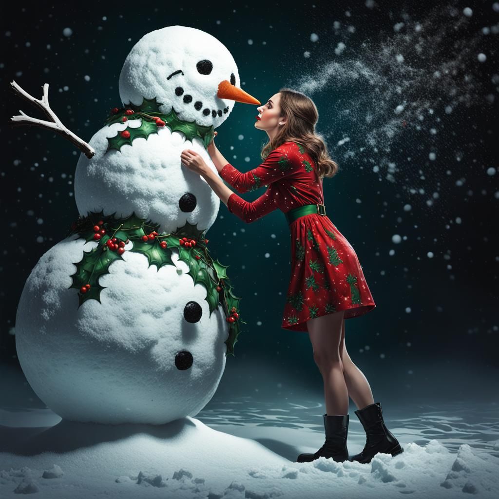 Christmas Holly Woman with Snowman Head: Hyperrealistic Art