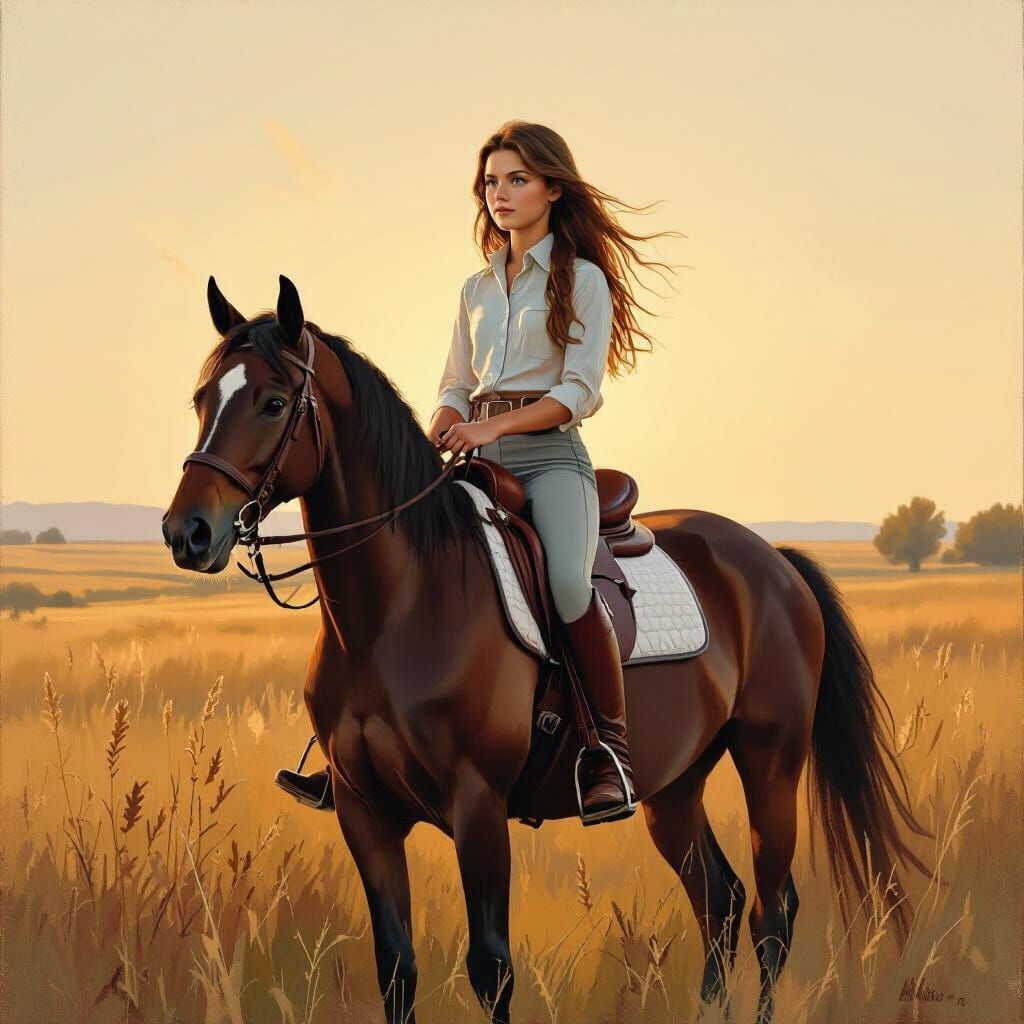 Girl Horsewoman in Golden Rural Landscape