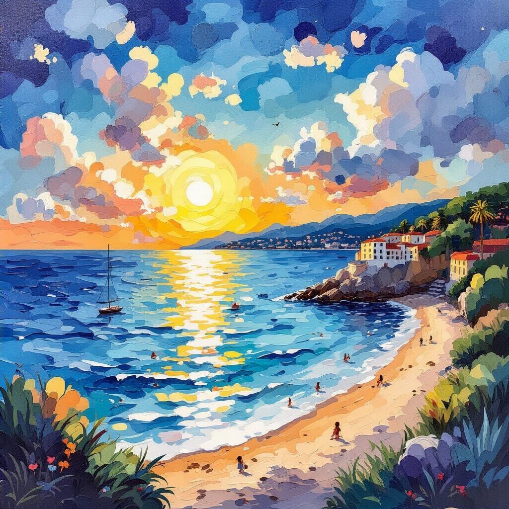 Seaside Summer Night in Gouache Watercolor Style
