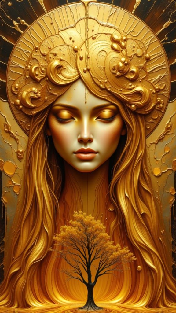Molten Golden Mask of a Woman, Symbolist Surrealism Style