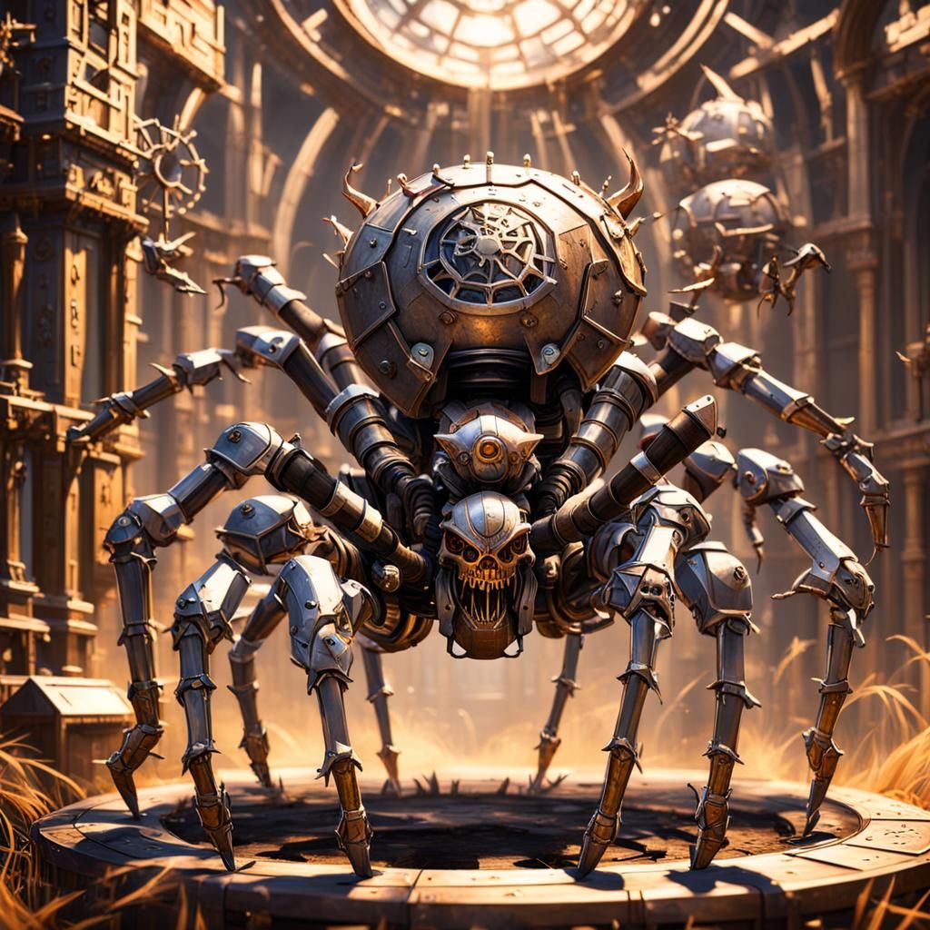 Steampunk Steel Defender Spider Golem, Detailed Fantasy Art