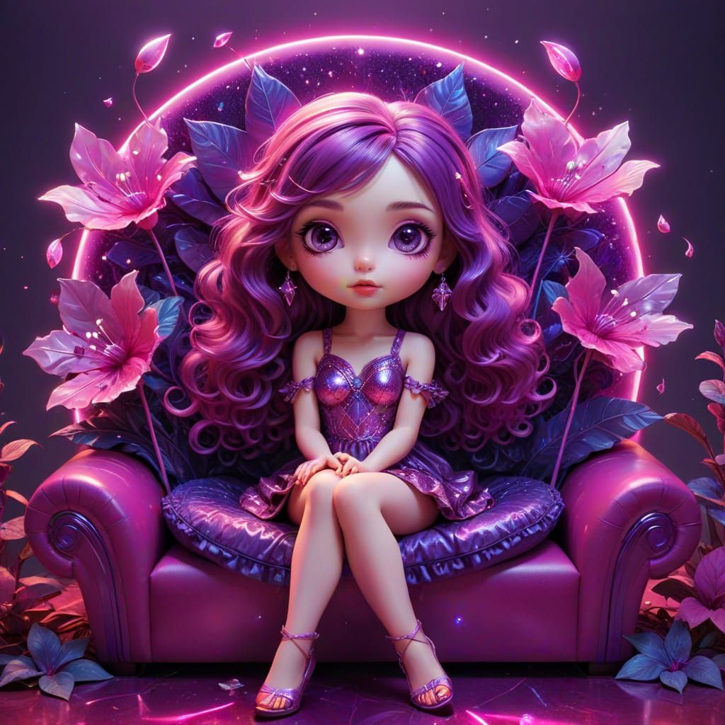 Chibi Lady with Purple Fans: Surreal Digital Art
