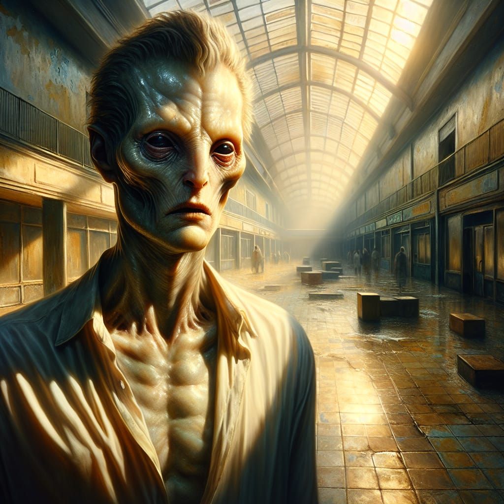 Realistic Humanoid in Abandoned Mall: Cinematic Oil Painting