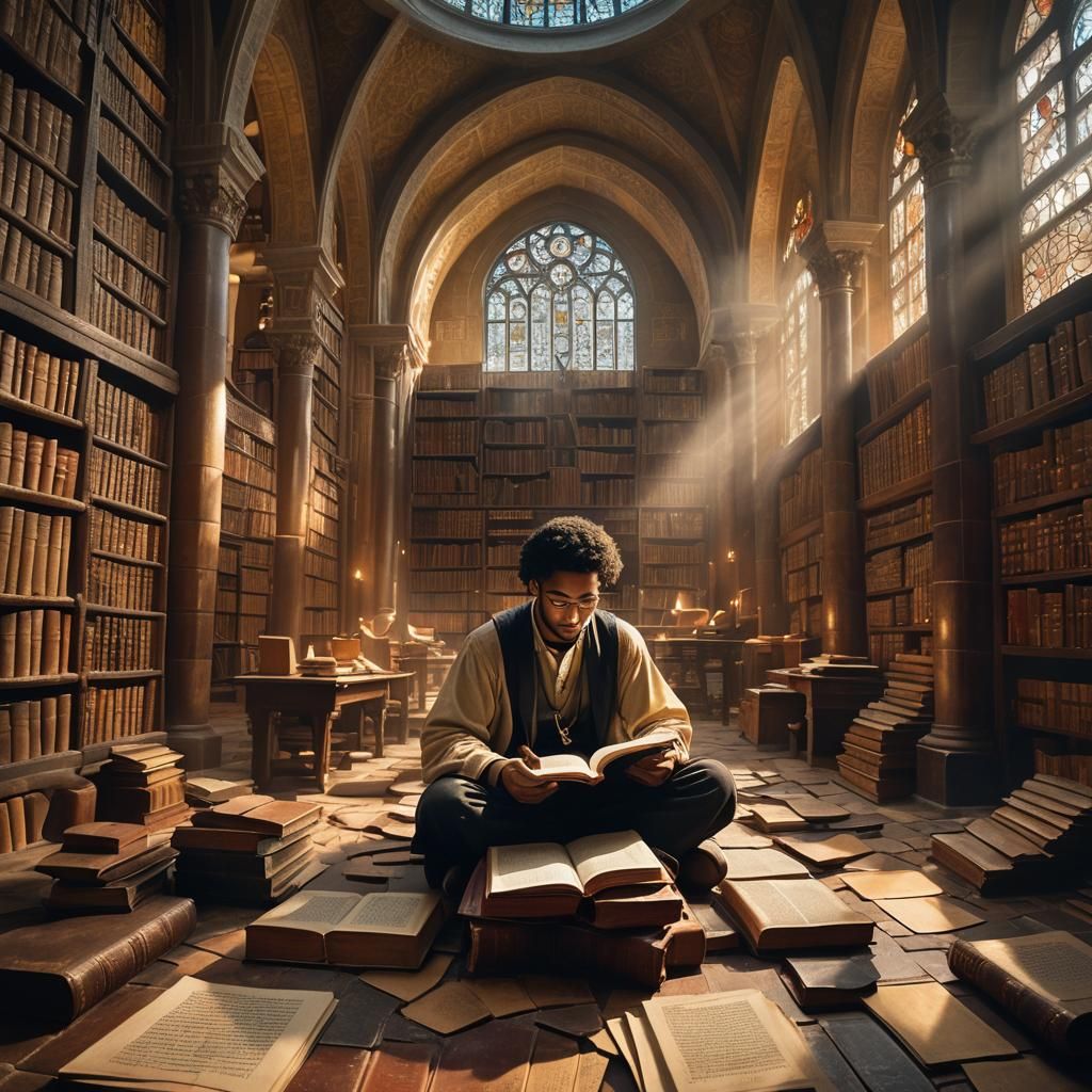 North African Scholar in Mystical Library, Dramatic Lighting