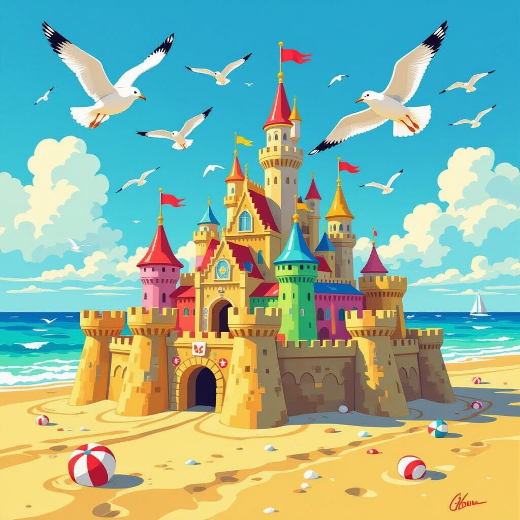 Colorful Sandcastles on a Sunny Beach in Pop Art Style