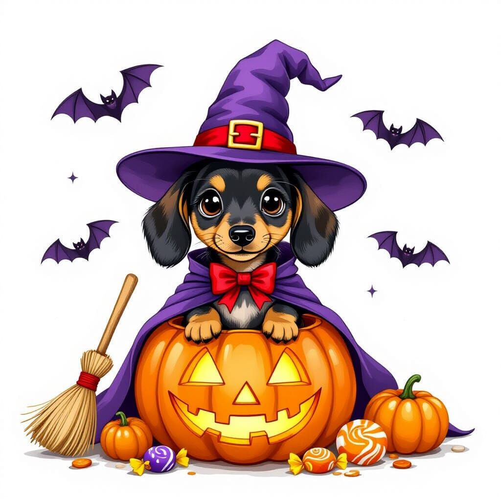 Dachshund Puppy in Witch Hat in Jack-o'-Lantern