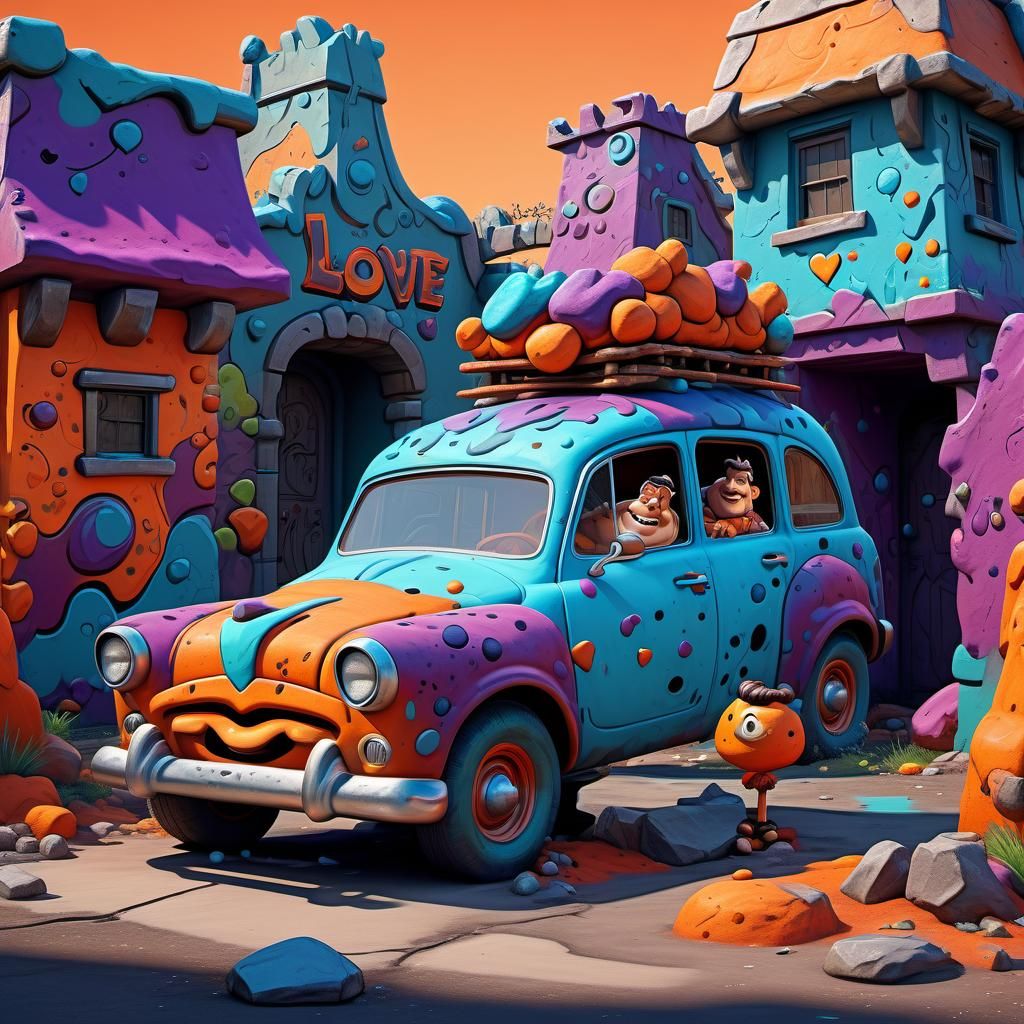 fred flintstone and the love,
detailed matte painting