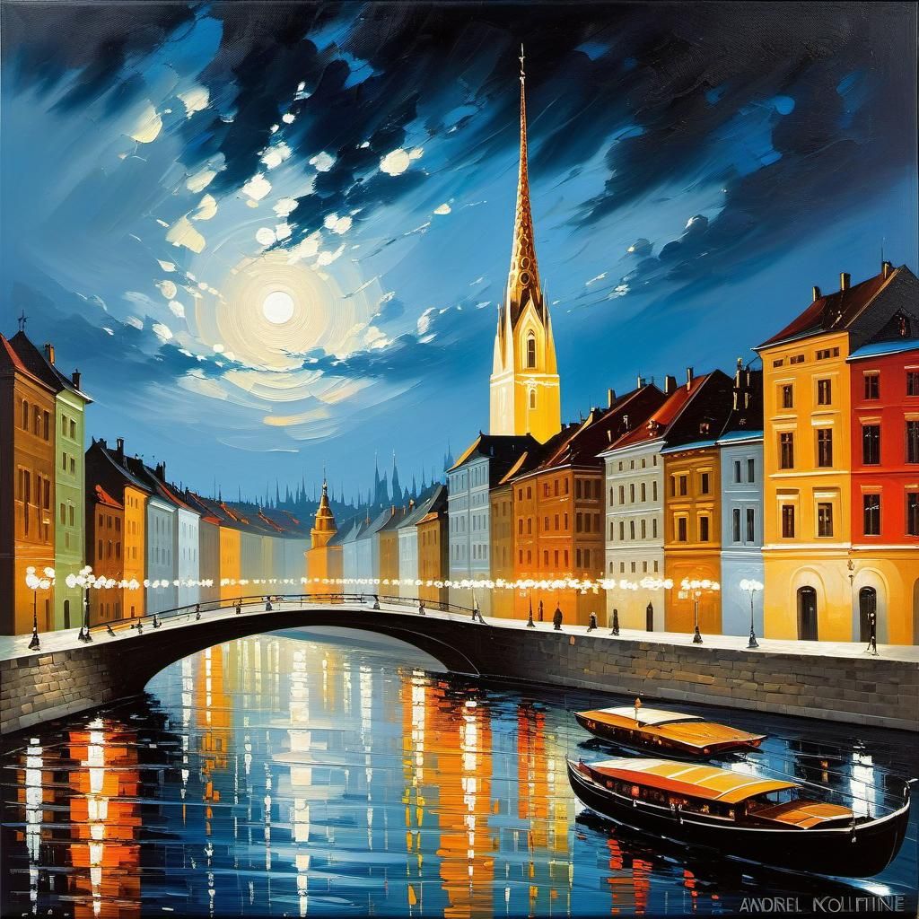 City at Night: Palette Knife Oil Painting